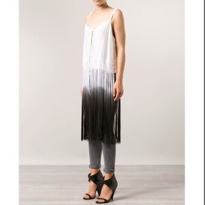 Raquel Allegra Silk Ombré Black White Fringe vest open Cami sleeveless tassels